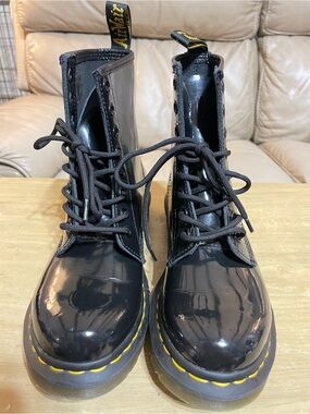 Dr. Martens Black Patent Lace-Up Combat Boots with Yellow Stitching
